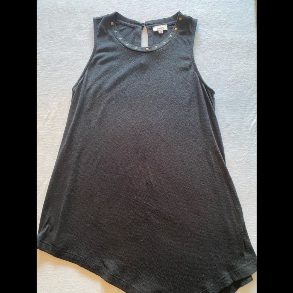 Black sleeveless shirt, cut on the bias. Picket, size small